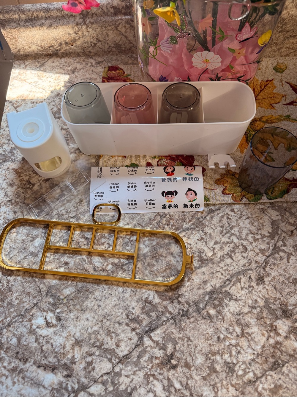 Amazon White Toothbrush & Cup Organizer with Gray, Pink, and Brown Cups